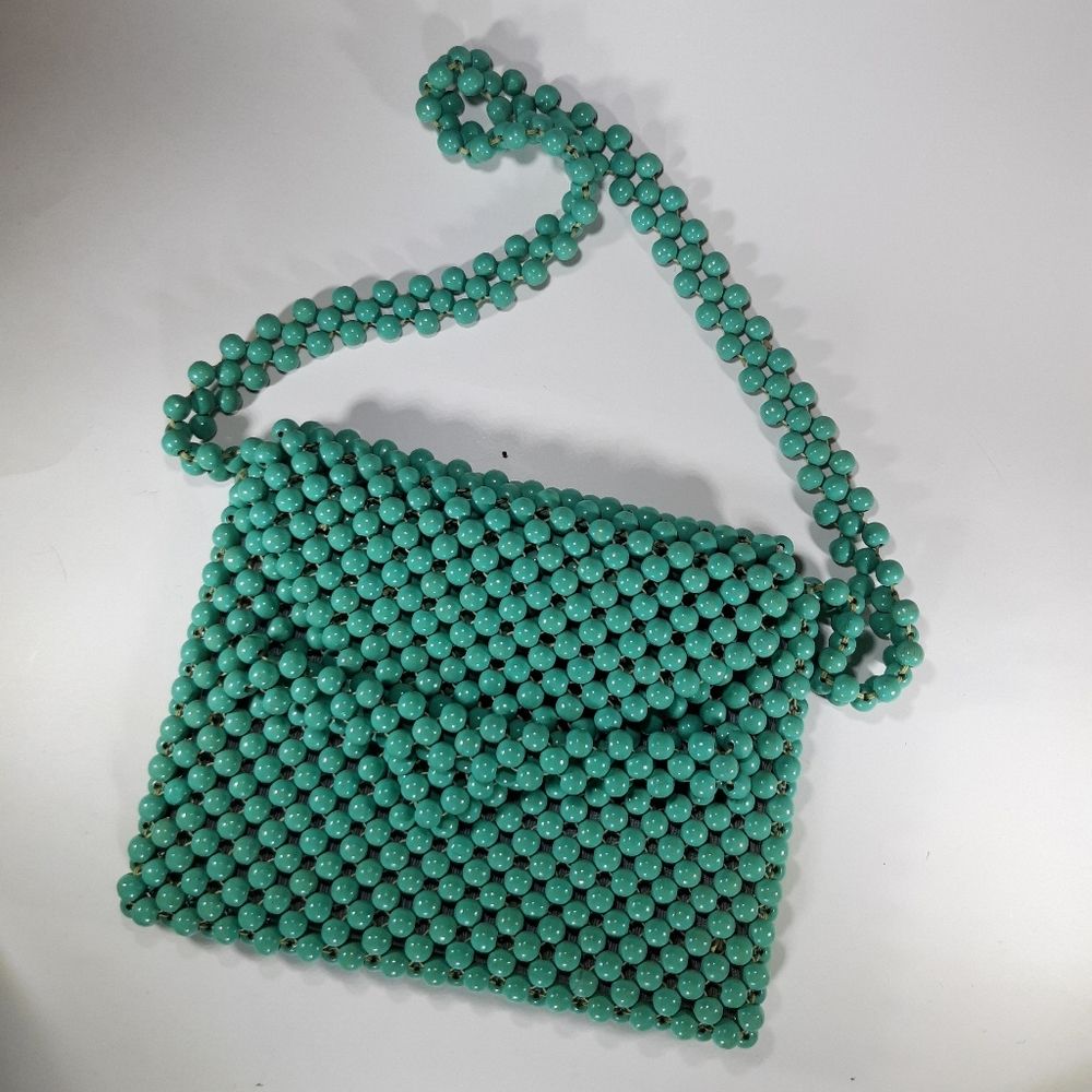 Vintage Wooden Bead Turquoise Blue Purse